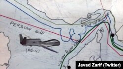 Фрагмент карты, на котором, по словам главы иранского МИД, видно, что американский беспилотник был сбит, совершая полет над иранскими территориальными водами.